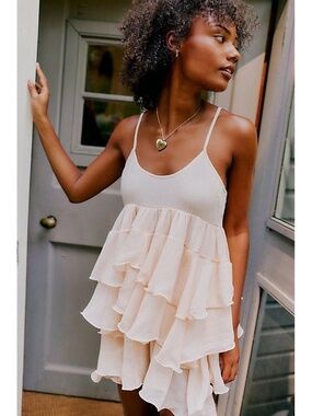 Free People Runaway Rockstar Mini Slip Dress Light Sand NWT Size M Boho Ruffle